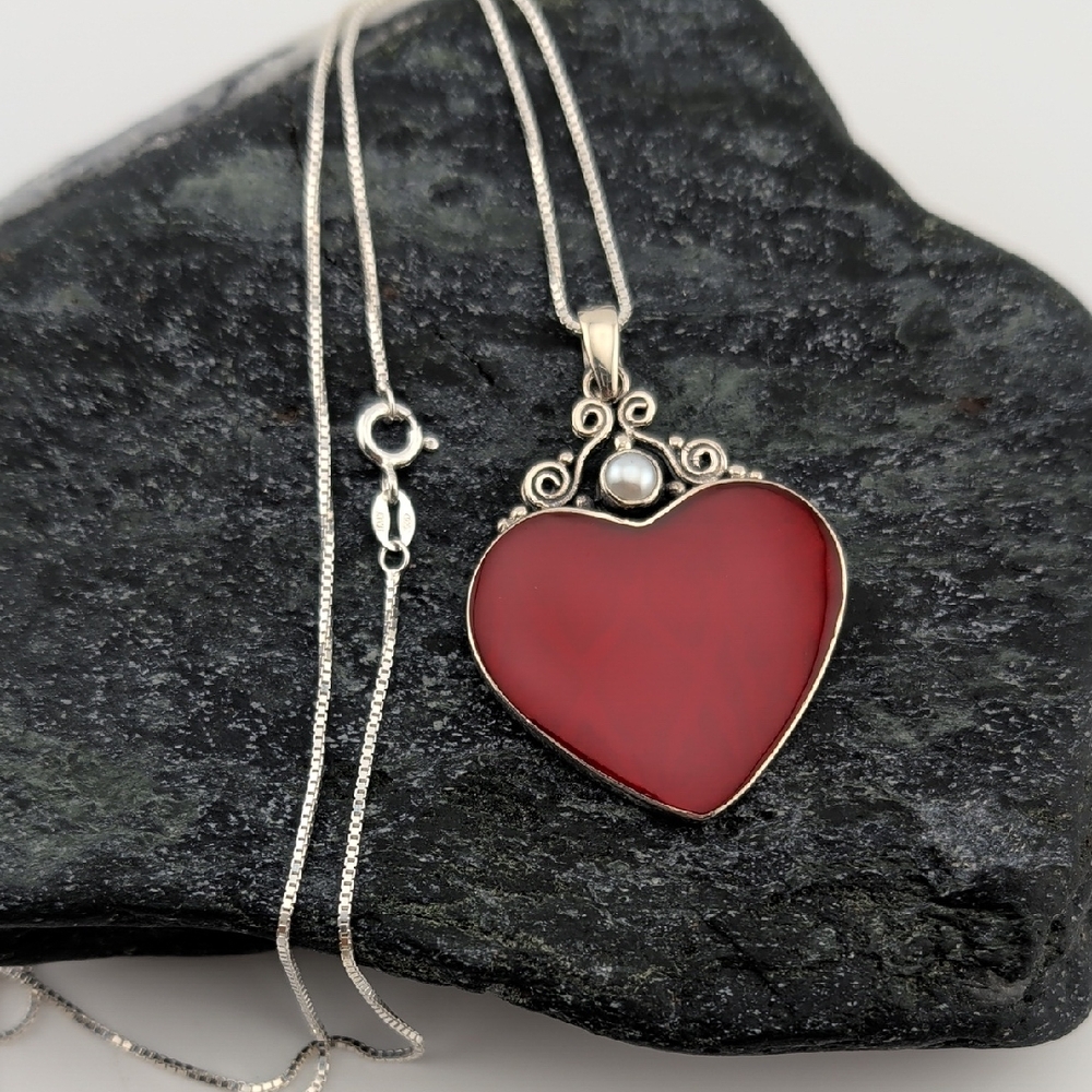 Sterling Silver Heart Pendant Necklace with Red Center